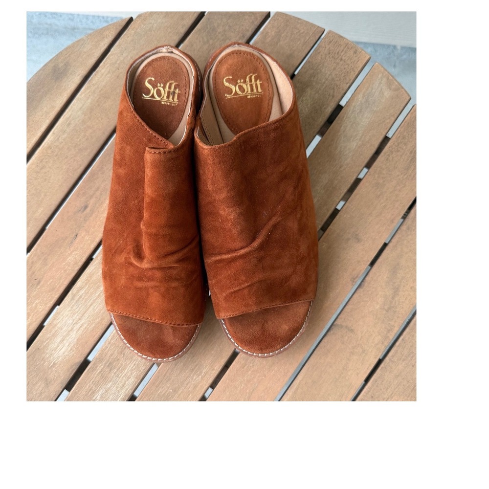 Sofft SF0048200 Women 8.5 M Pumpkin Brown Suede Ruched Open Toe Mules Sandals